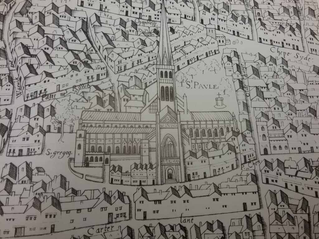 St Paul's as depicted in the 'copperplate map' of London of the 1550s. The last known view of the cathedral before the spire was struck by ligthning and fell in 1561.