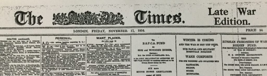 The Times, front page, Fri 17 Nov 1916