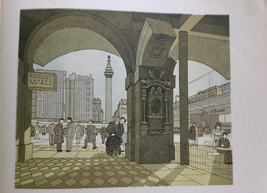 An impression by Gordon Cullen of the low level concourse at London Bridgehead proposed by the consultants. Across the concourse, to the east, is the Monument.