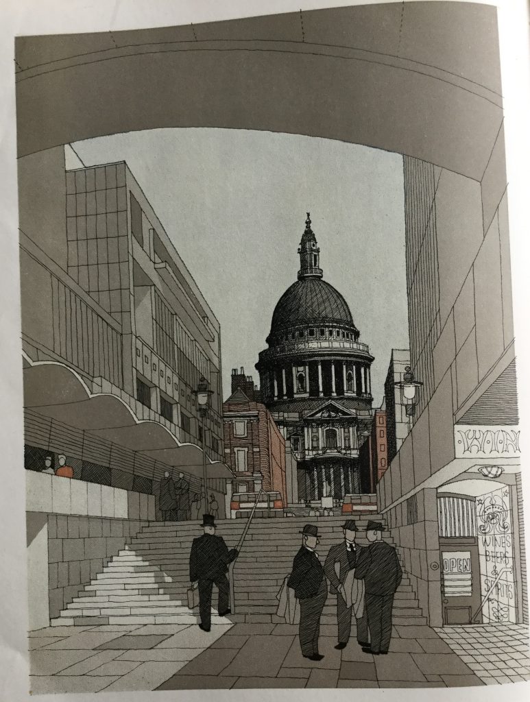 An impression of a possible treatment of the proposed new approach to St. Paul's from the River. Illustration by Gordon Cullen).