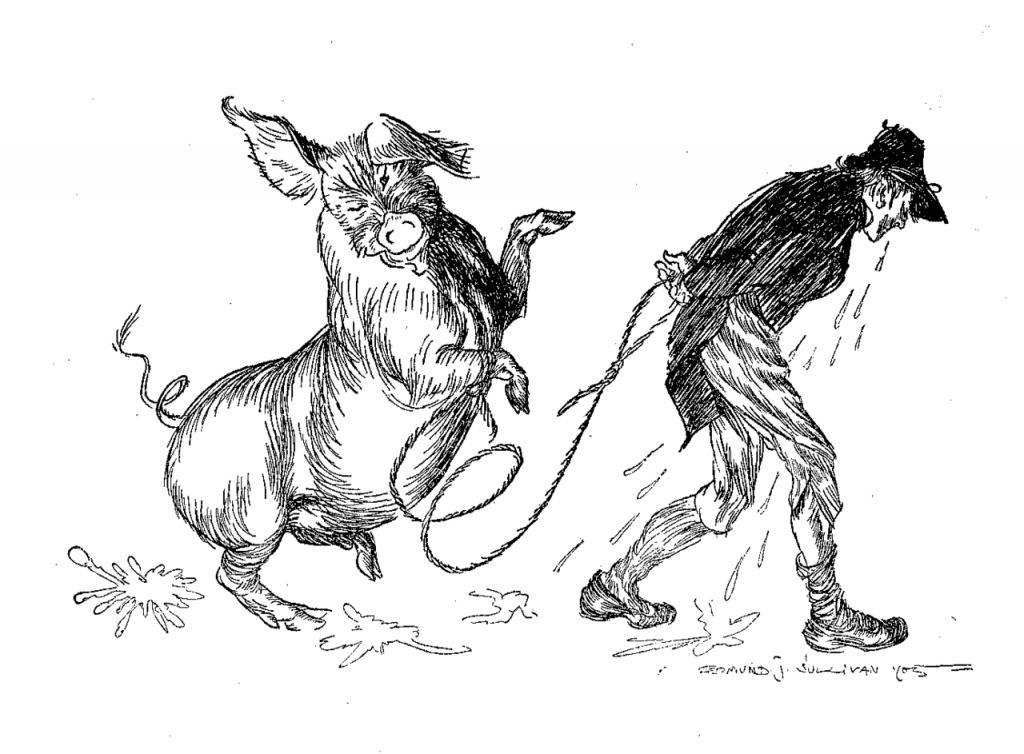 Illustration of a pig and a man