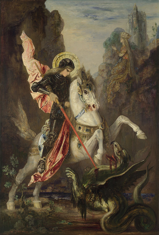 A reproduction of Gustave Moreau's painting of George slaying the dragon. This painting has George in the centre astride a white horse, which with his bright halo and pale pink cloak contrast with the dark, mountainous background and deep greens and reds of the dying dragon with George's sword in its chest.