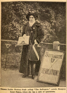 Princess Sophia Duleep Singh selling “The Suffragette” on Hampton Court Green, 1913 (Image from the British Library)
