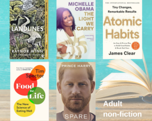 The covers of five non fiction titles are displayed in front of a plain background with an open book. The books are Landlines, The light we carry, Atomic habits, Food for life, and Spare.