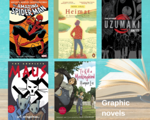 The covers of five graphic novel titles are displayed in front of a plain background with an open book. The titles are The Amazing Spider-Man, Heimat, Uzumaki, Maus, and To Kill a Mockingbird.